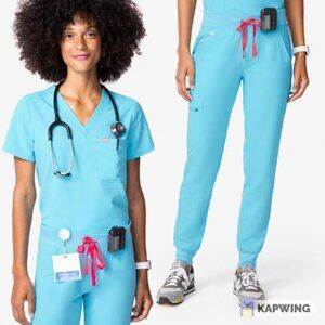FIGS Women's Neon Blue Scrubs Catarina top Zamora joggers SET XS & S petite